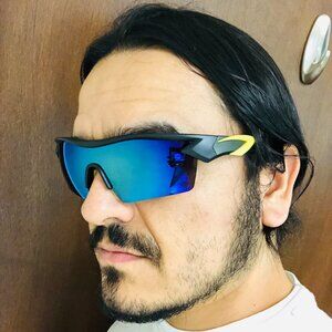 Men Sunglasses Blue Mirror Lens Wrap Around Driving Running Rimless Lentes Gafas